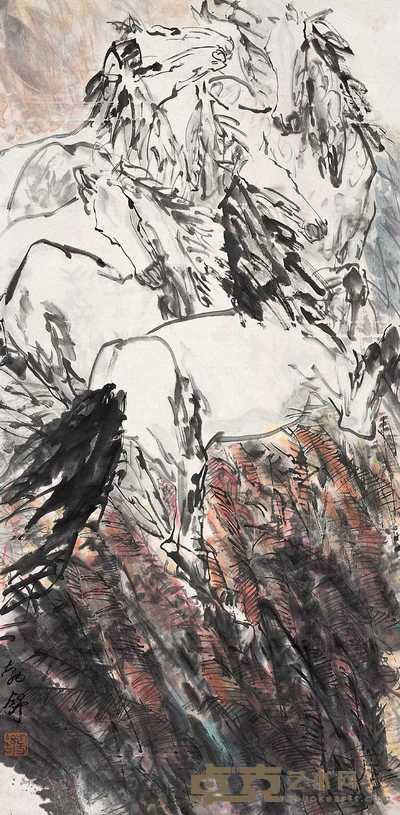 刘勃舒 群马图 立轴 136×67cm